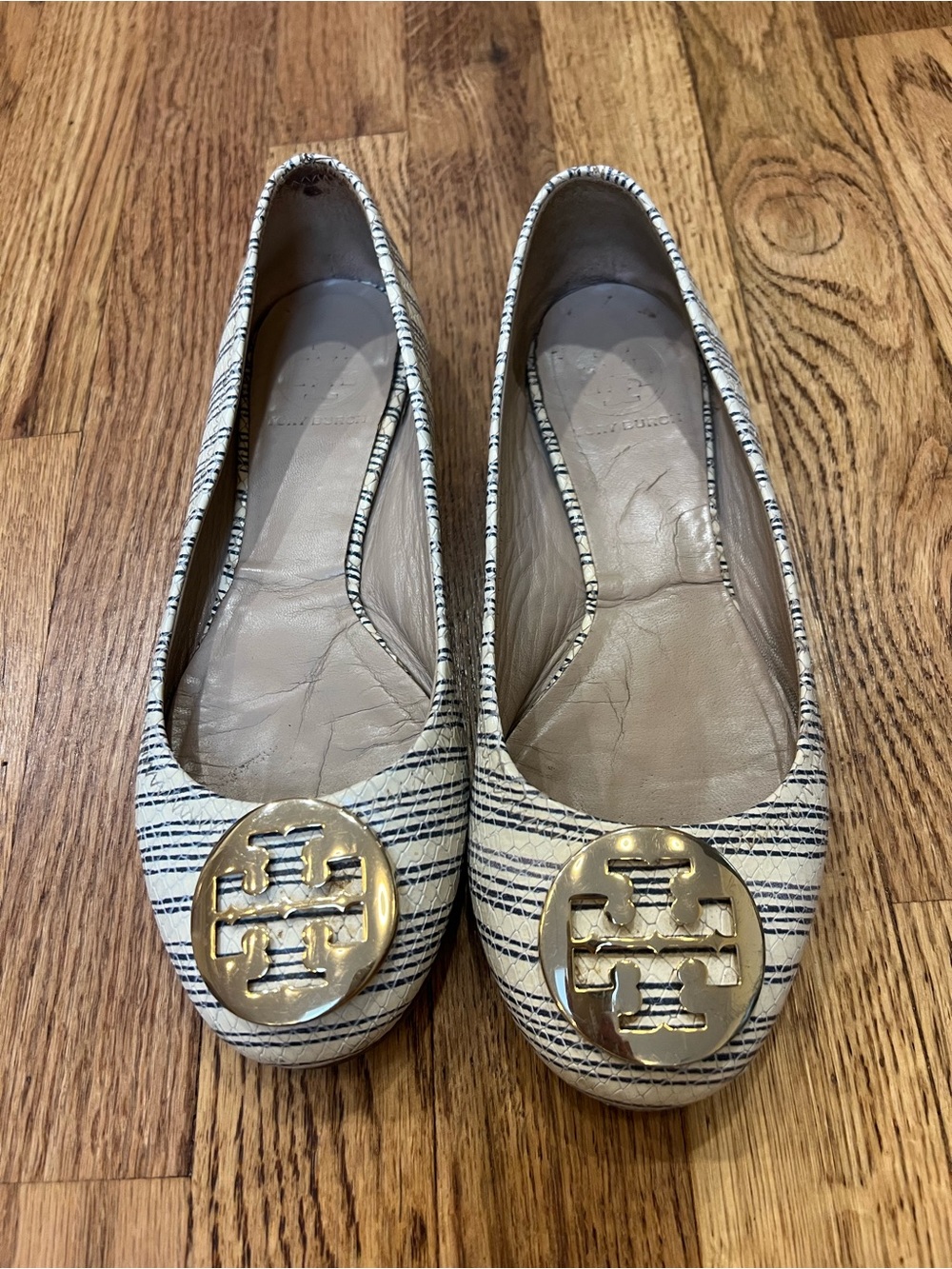Tory Burch Ivory & Navy Striped Logo Ballet Flats